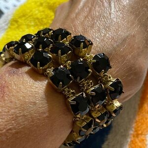 Gold chained BLACK GLASS bracelet 3 strands vintage runway bold true Decadence